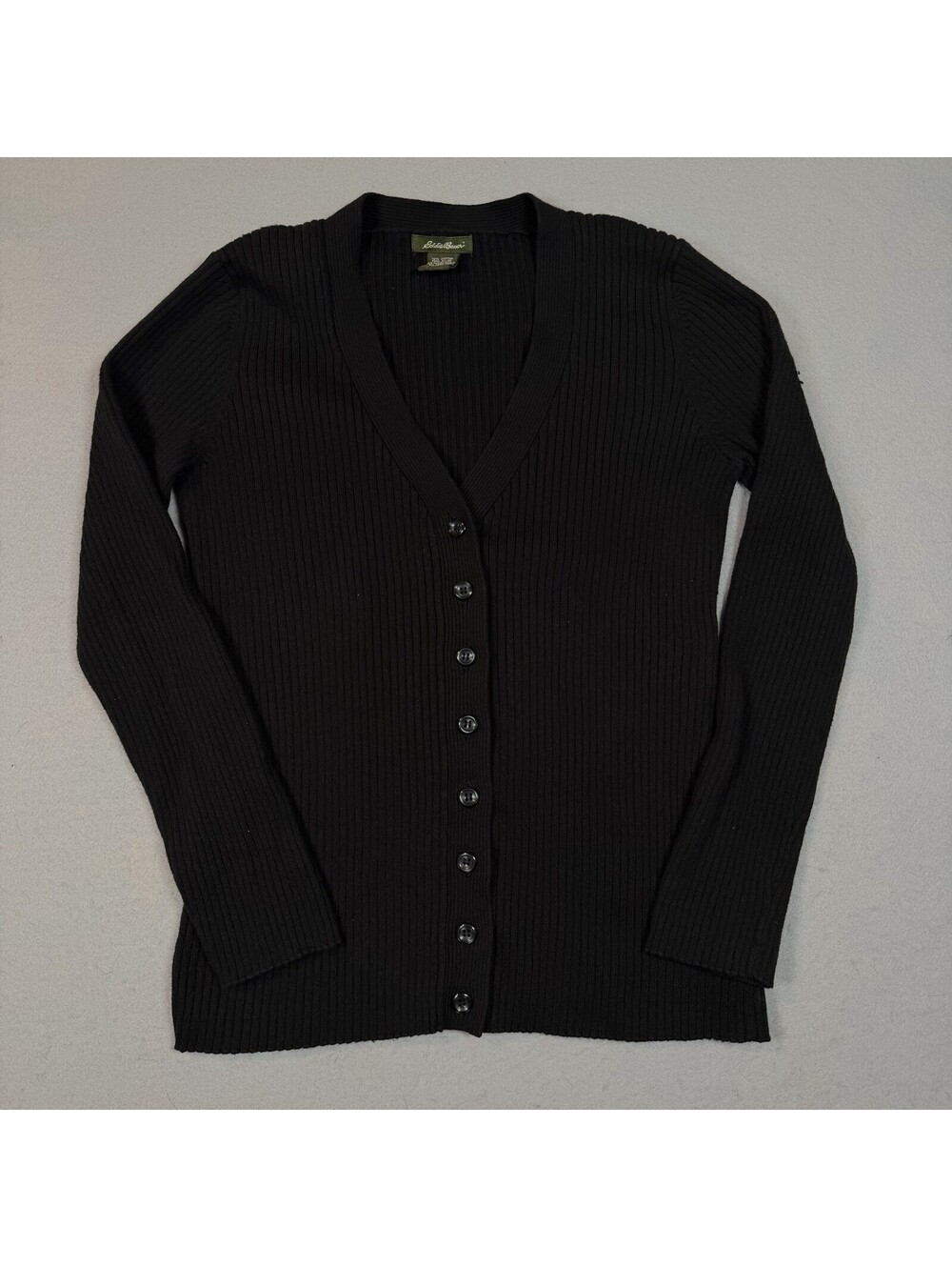 VTG Eddie Bauer Womens Medium Black Ribbed Cardigan Cotton Angora Cashmere Blend